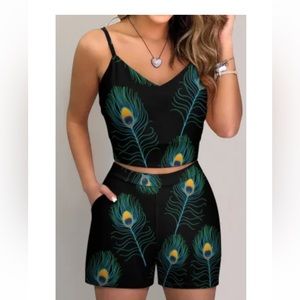 Peacock Feather Black Cute Crop Tank High Waist Shorts 2 Piece set Women New XS